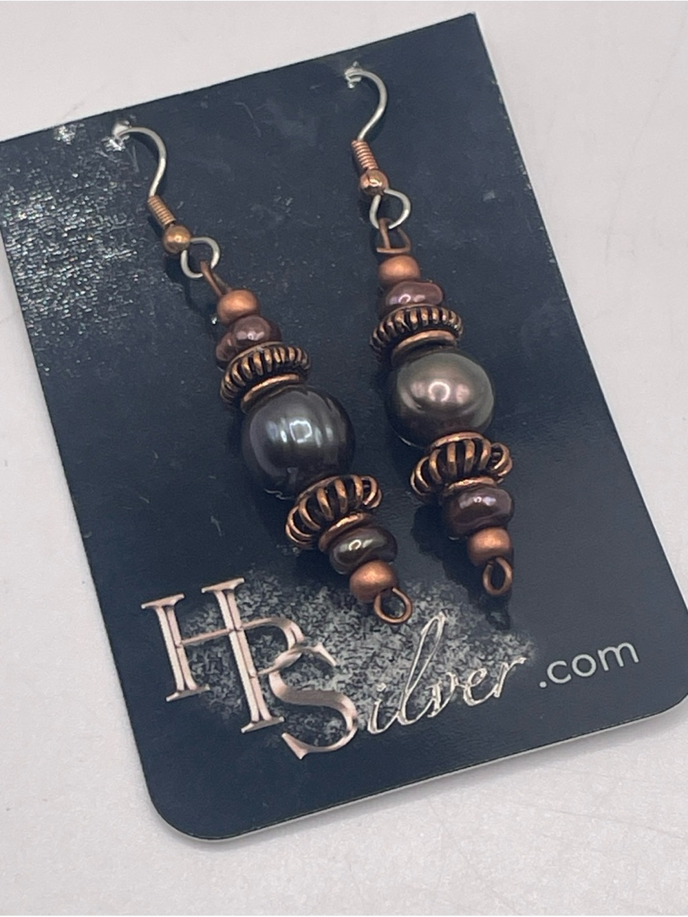 HP Silver Artisan Dark Freshwater Pearl Drop Earrings w/ Bronze Finish